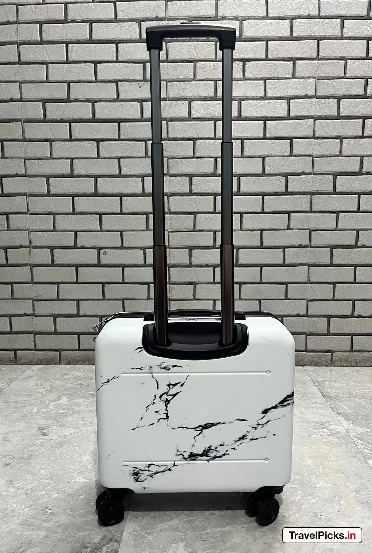 The case from behind with the telescopic handle drawn out to full height.