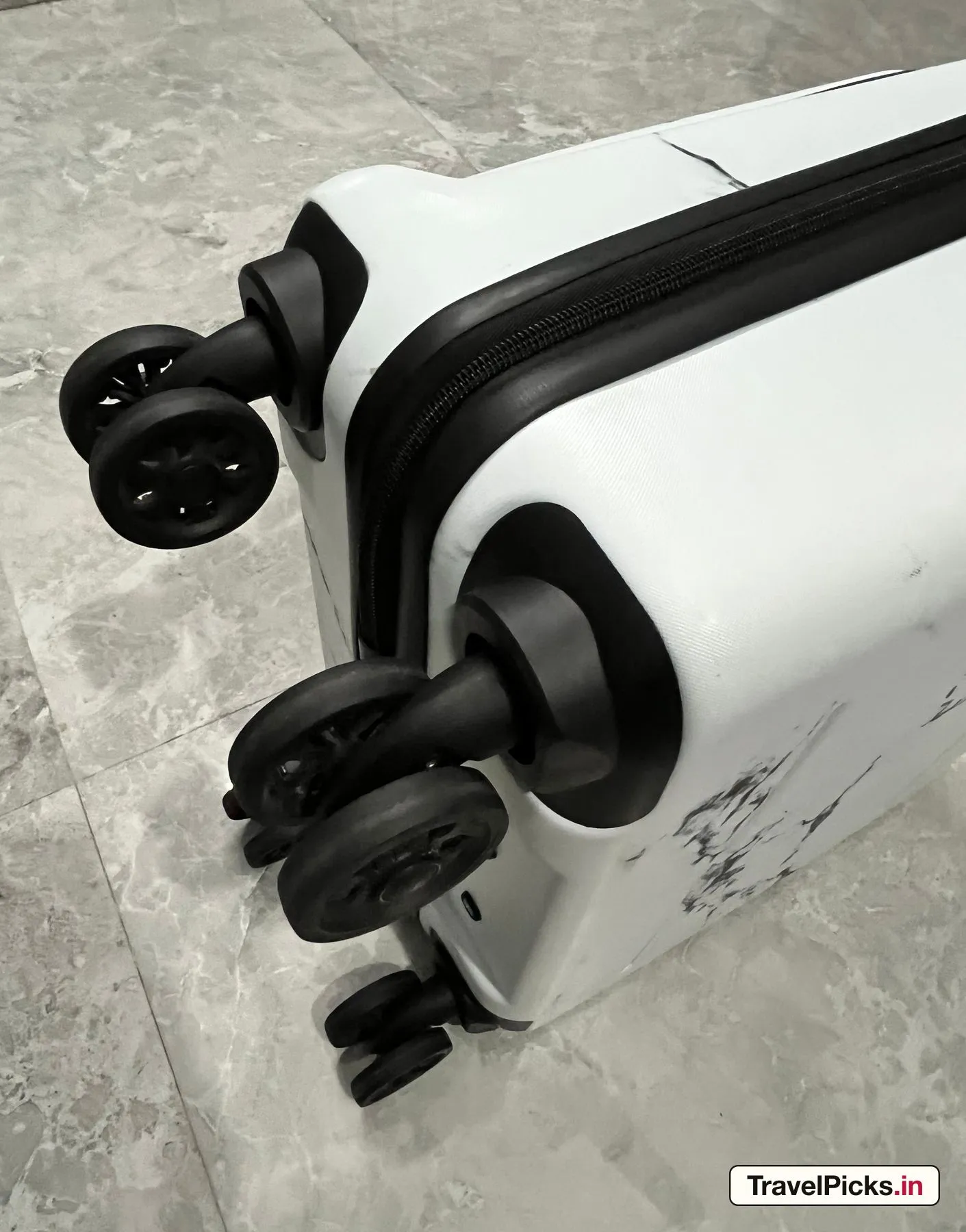 Close view of the case's corner wheels, each housing carrying two wheels on one stem.